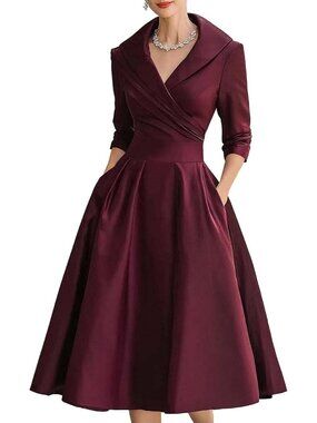 Women's Wine Wrap Long Sleeve V-Neck Silky Casual Elegant Midi Church Dress